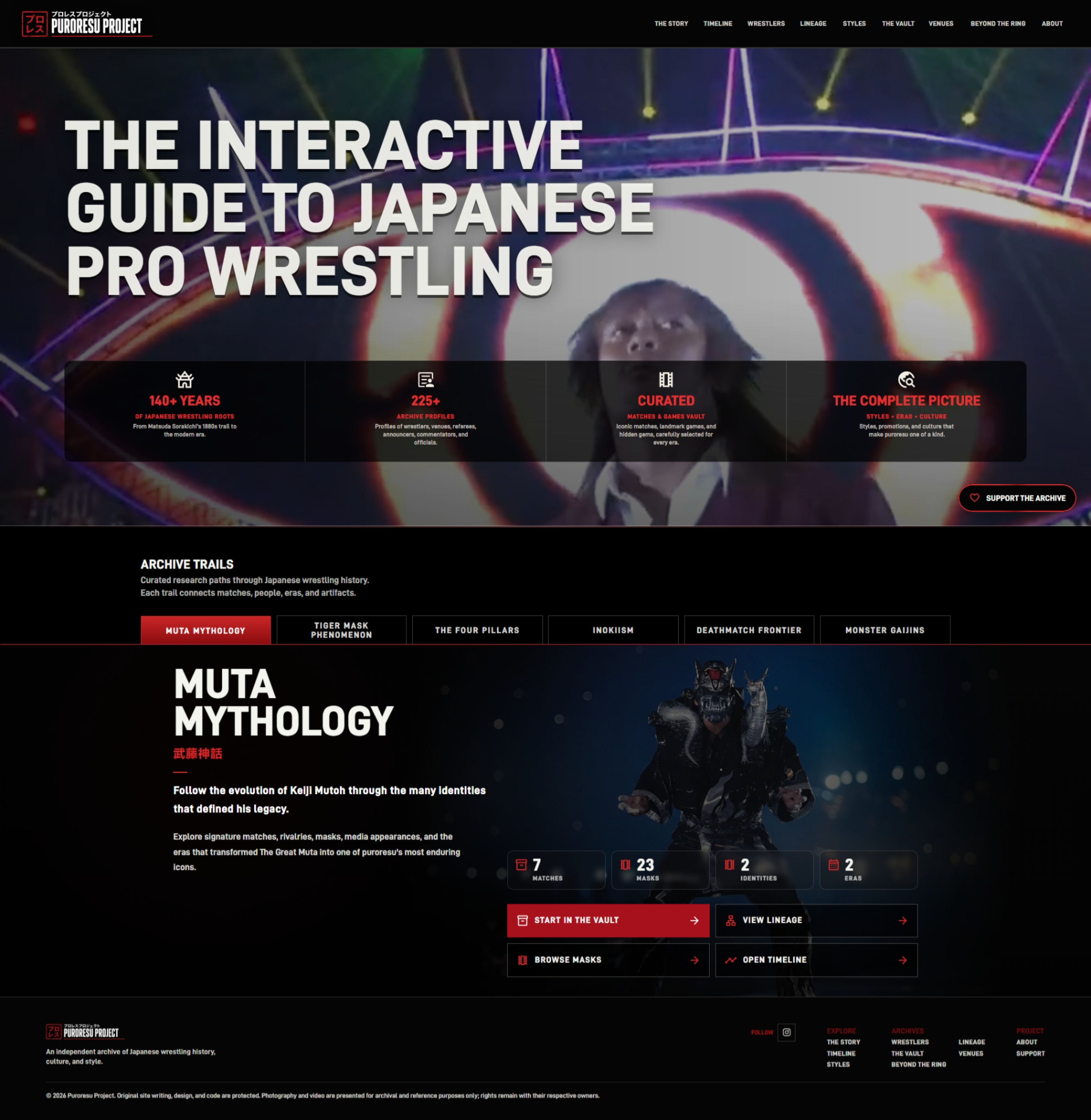 Puroresu Project homepage on desktop with full navigation, wide hero, archive trails, and footer