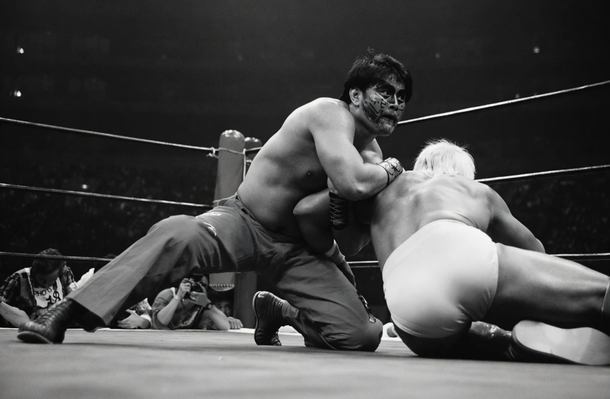 Monochrome wrestling broadcast photograph