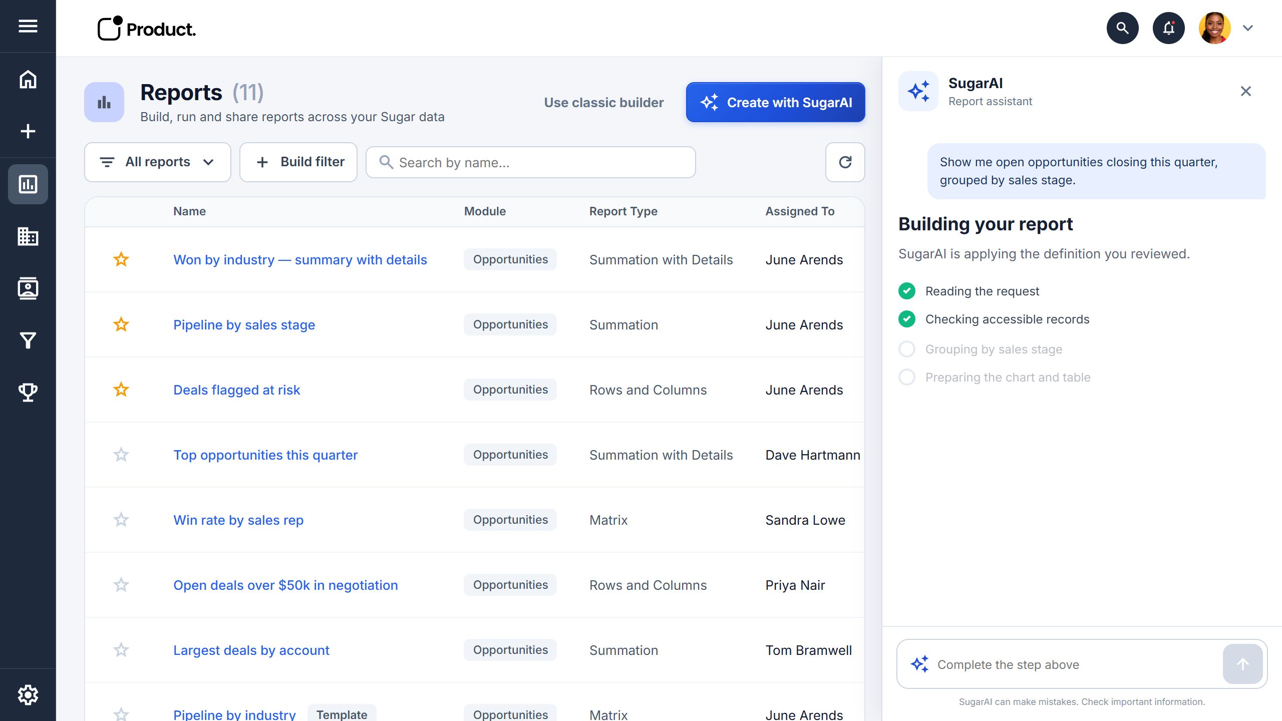 SugarAI building progress with completed checks, an active grouping step, and an upcoming chart-and-table step