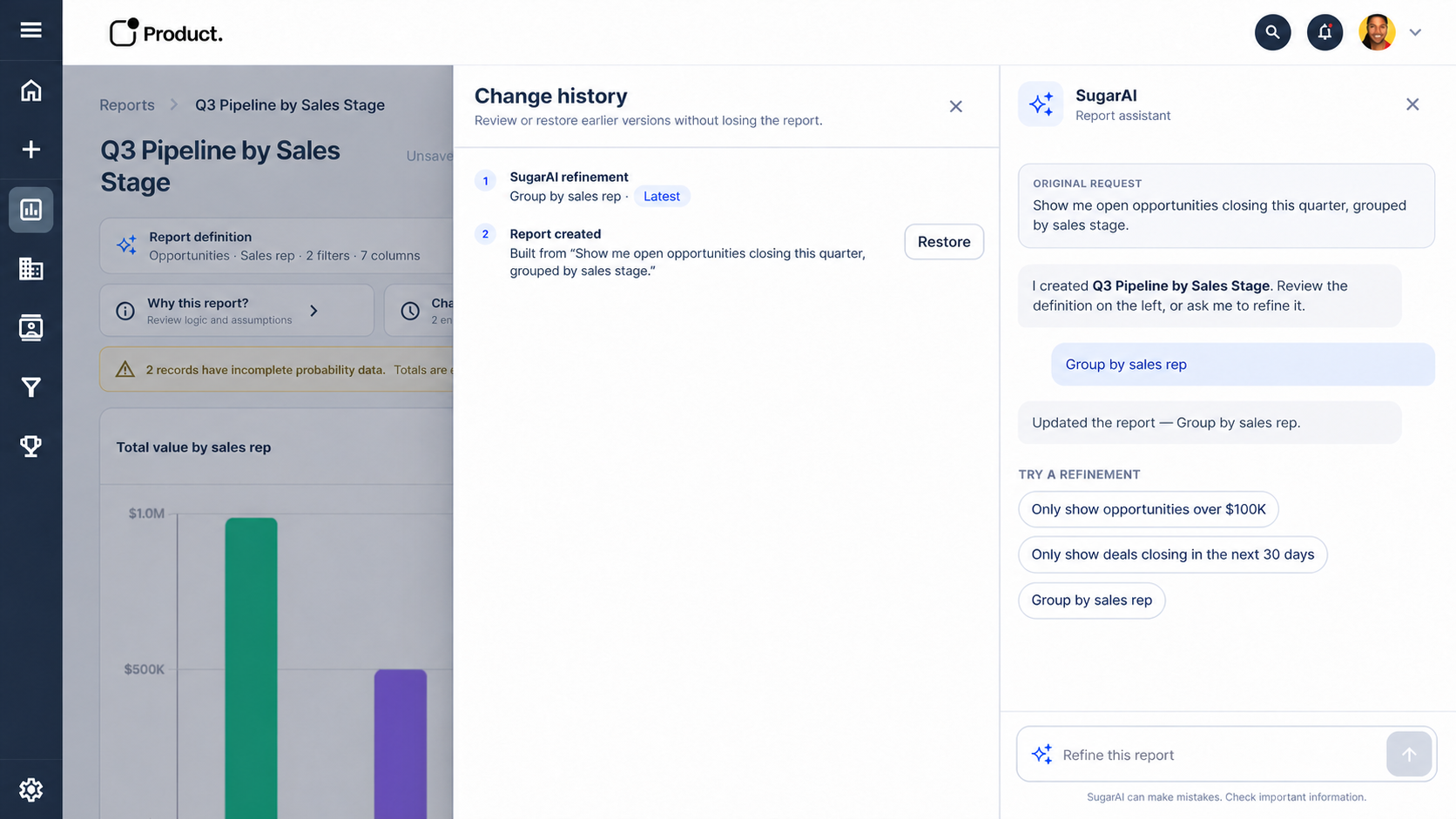 Change history drawer showing report refinements with a Restore action