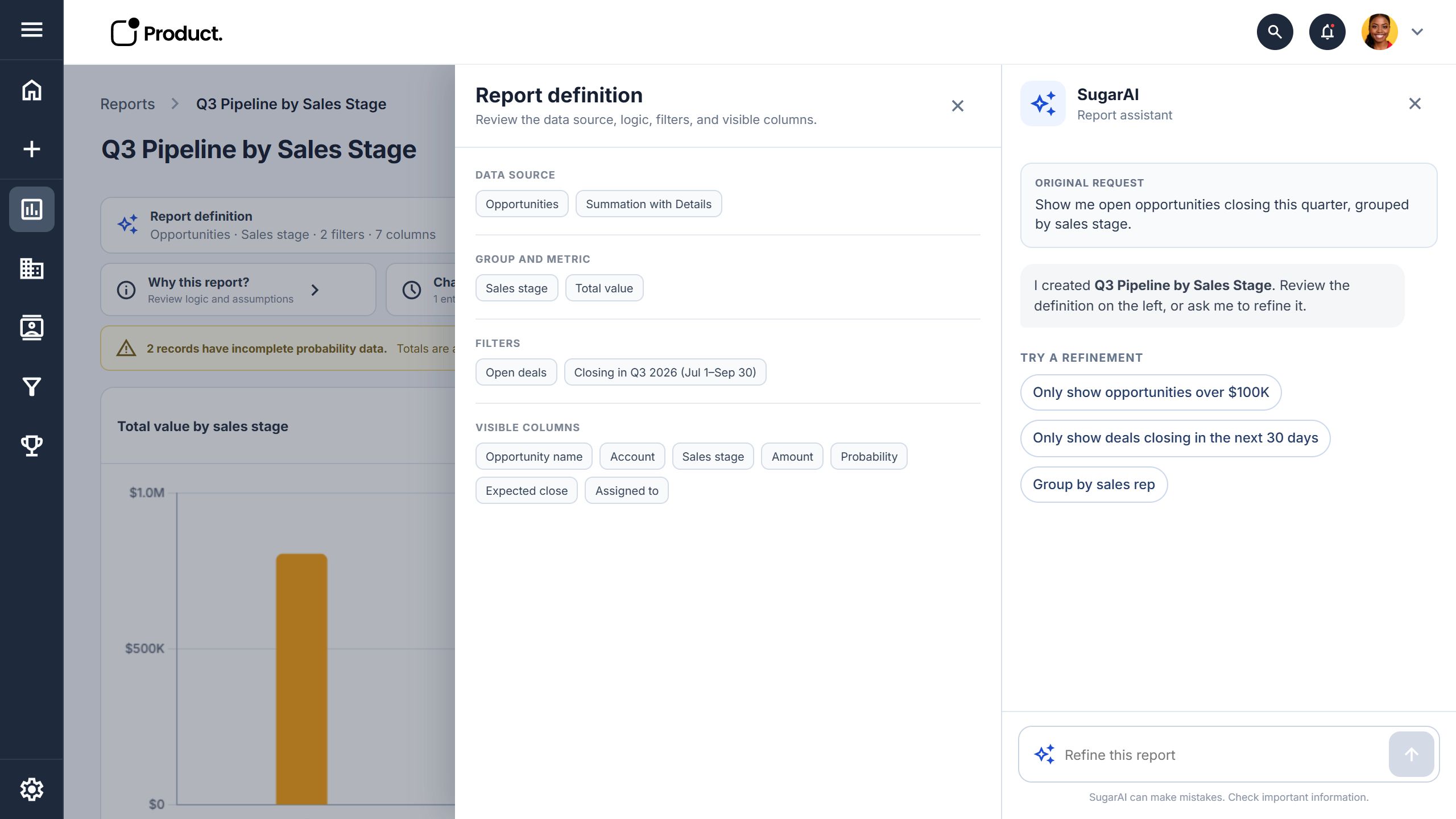 Report definition drawer showing the report data source, report type, grouping, metric, filters, and visible columns