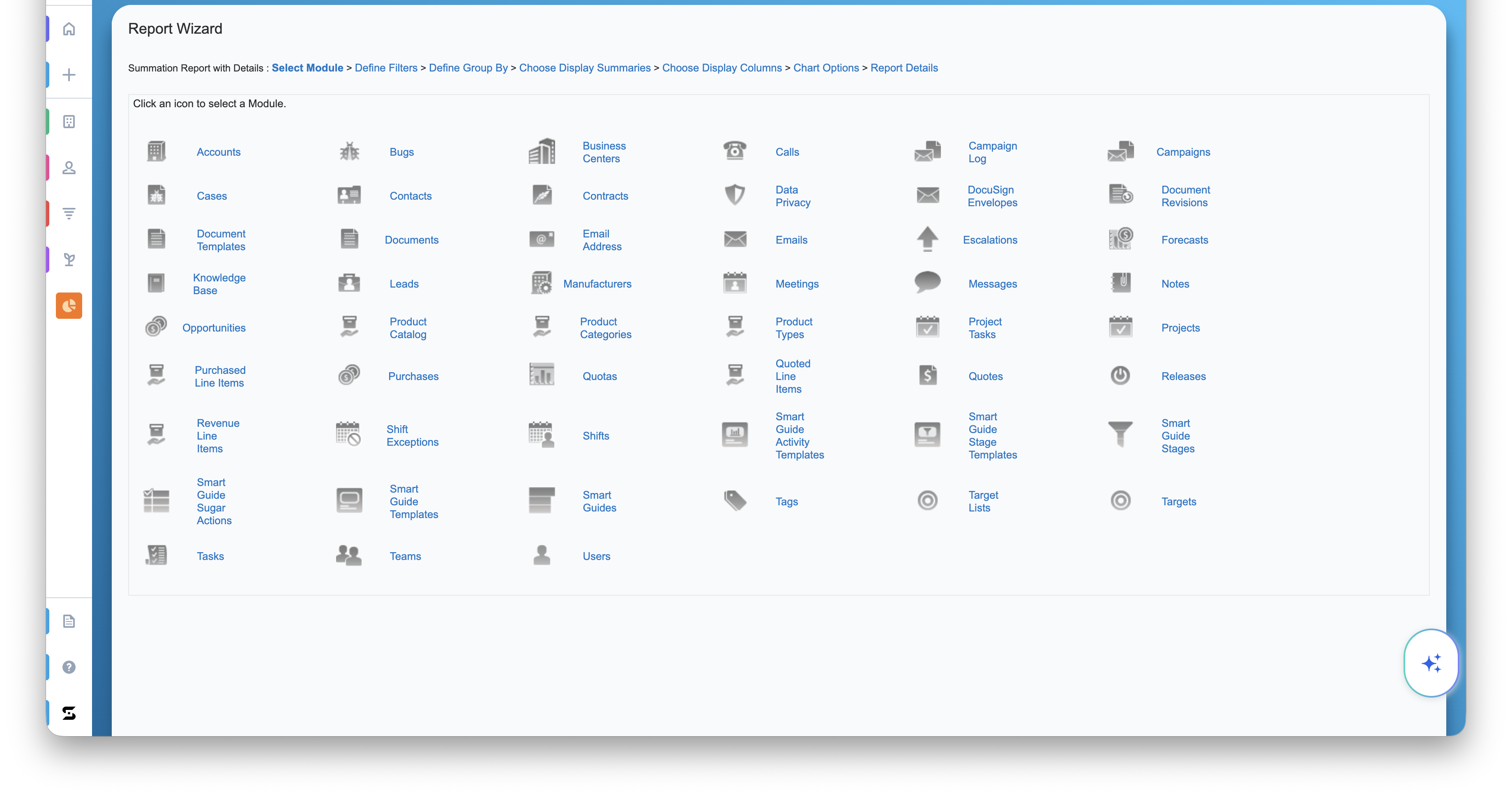 Existing Report Wizard module selection screen with dozens of modules