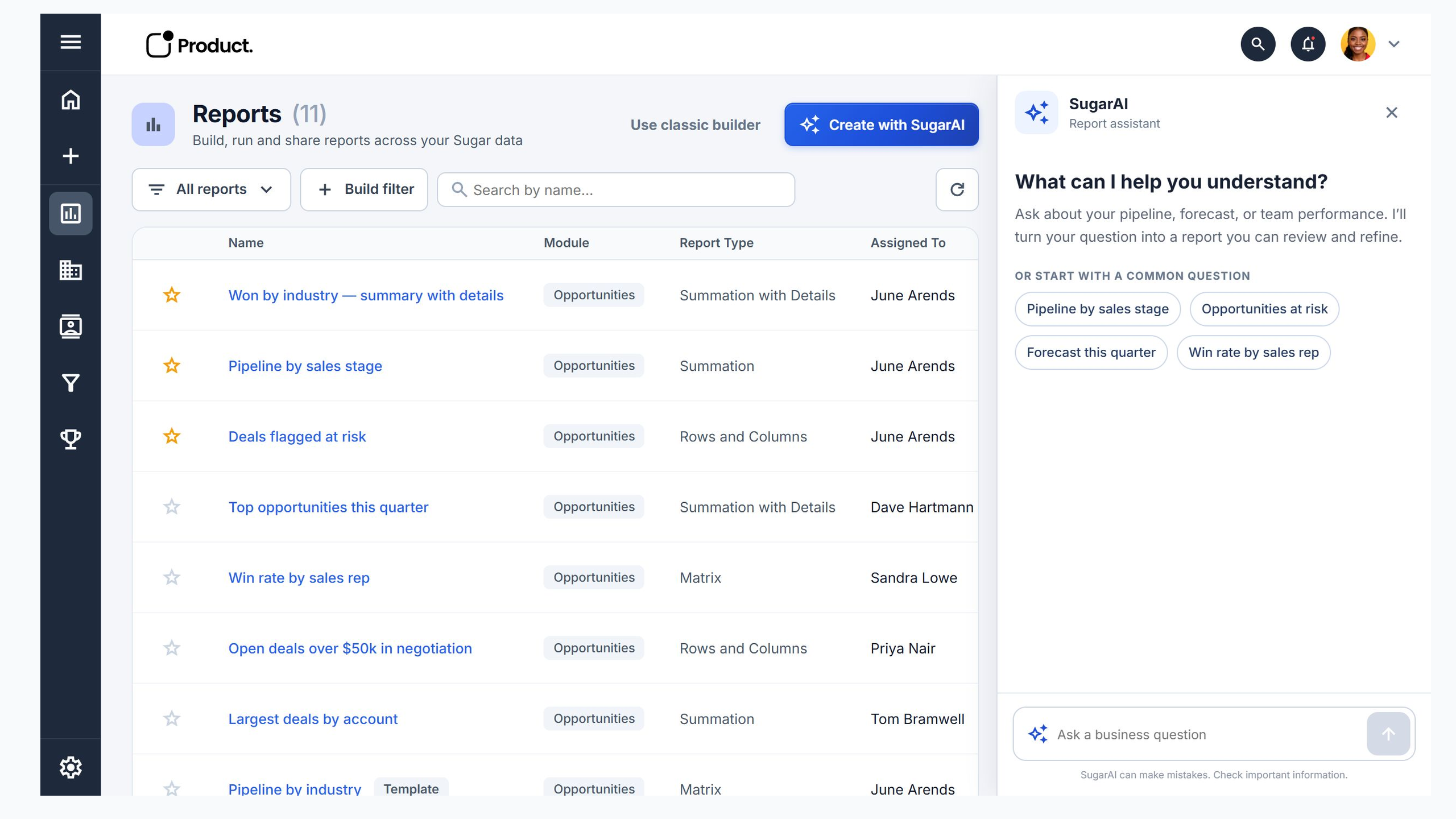 SugarAI report assistant welcoming the user with helper text and four common reporting questions