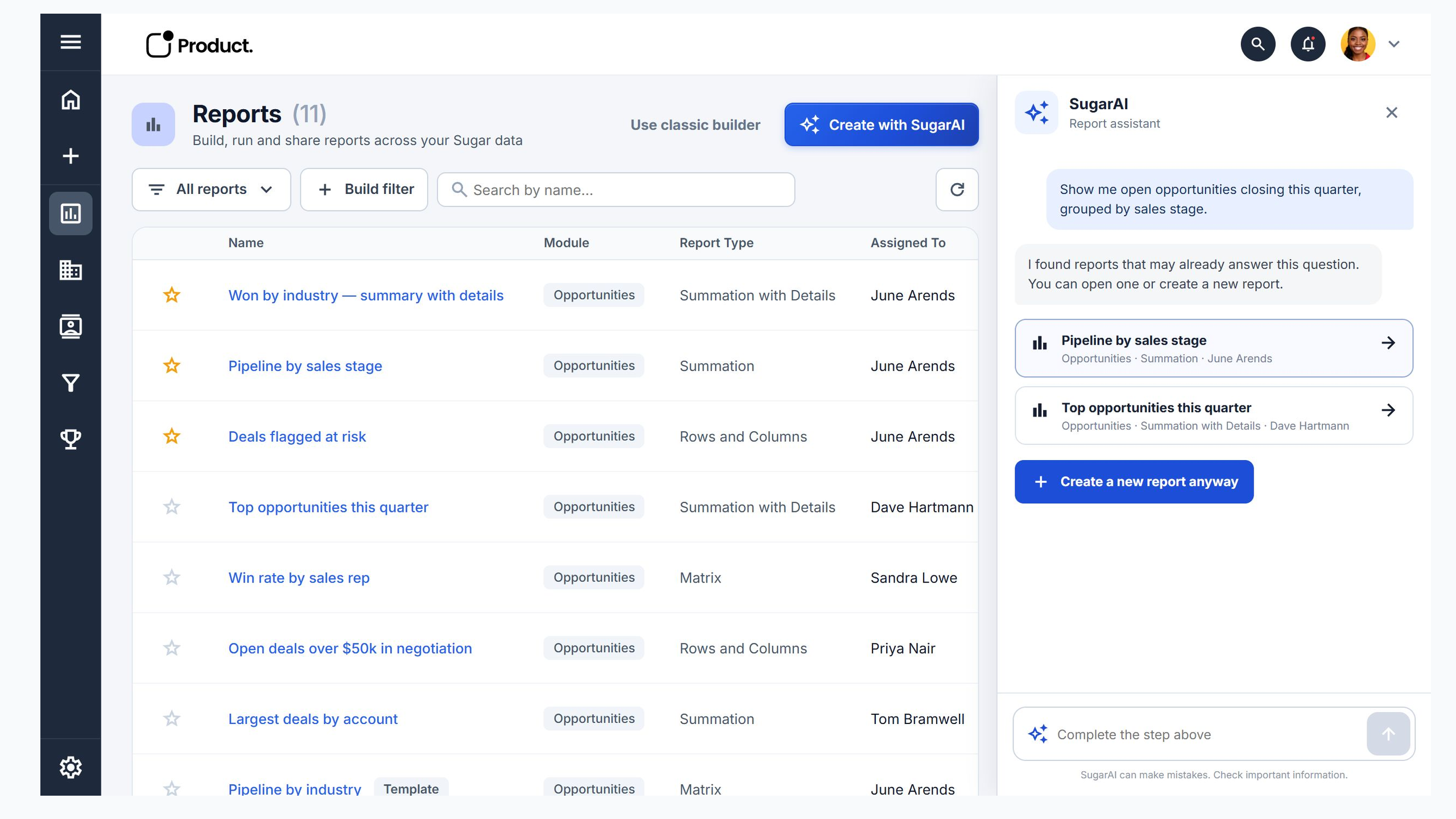 SugarAI showing two existing reports that may answer the user's pipeline question, with Pipeline by sales stage hovered