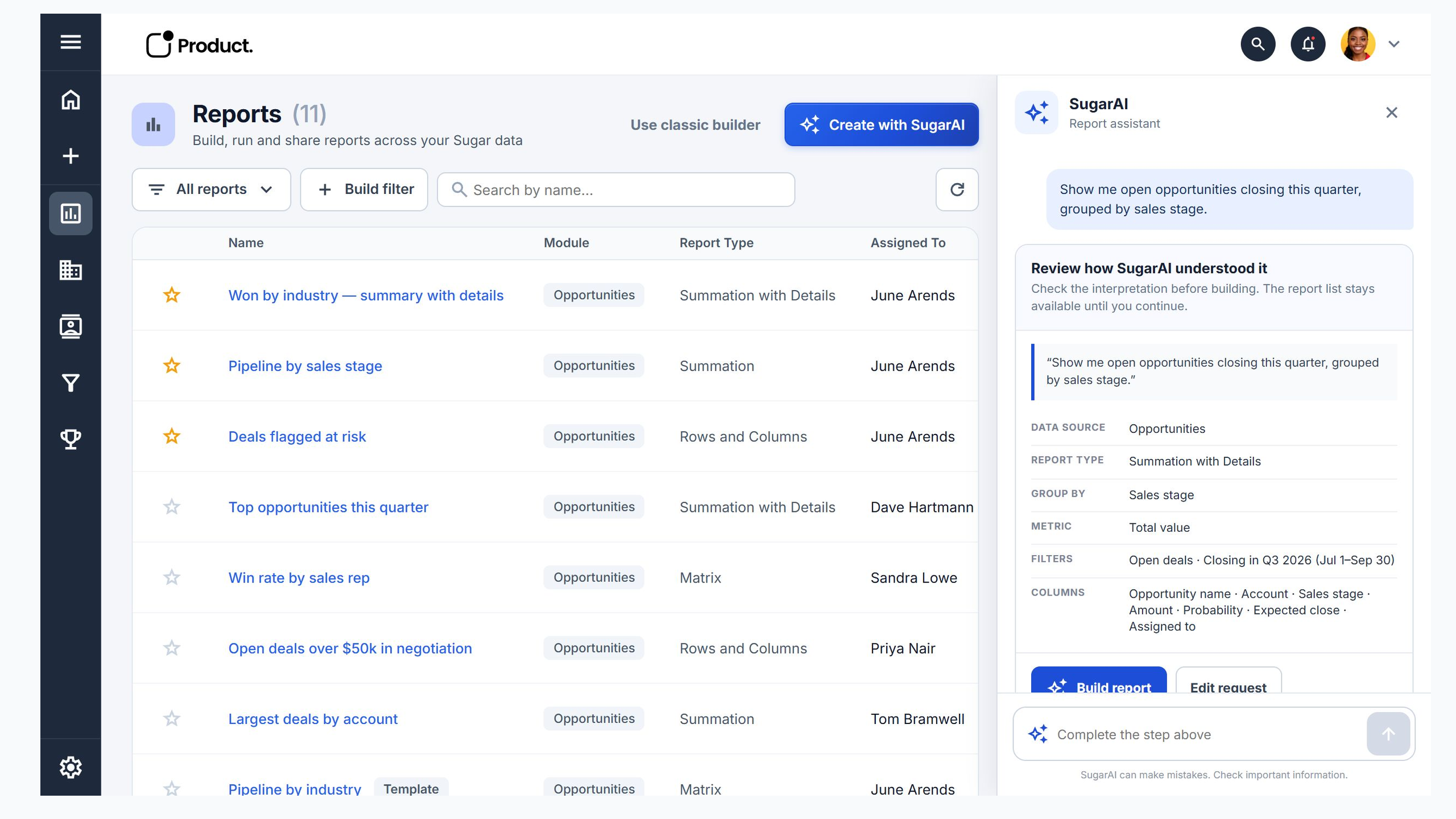 SugarAI review card showing the complete report definition before building