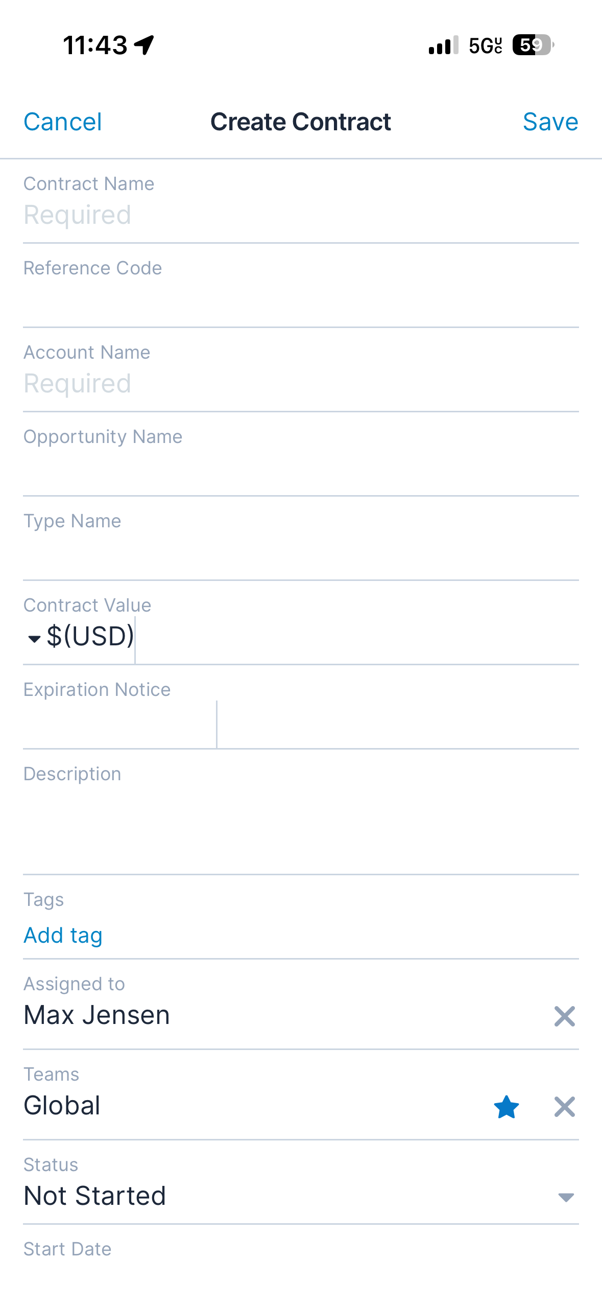 Current Sugar mobile Create Contract form with many fields and required inputs.