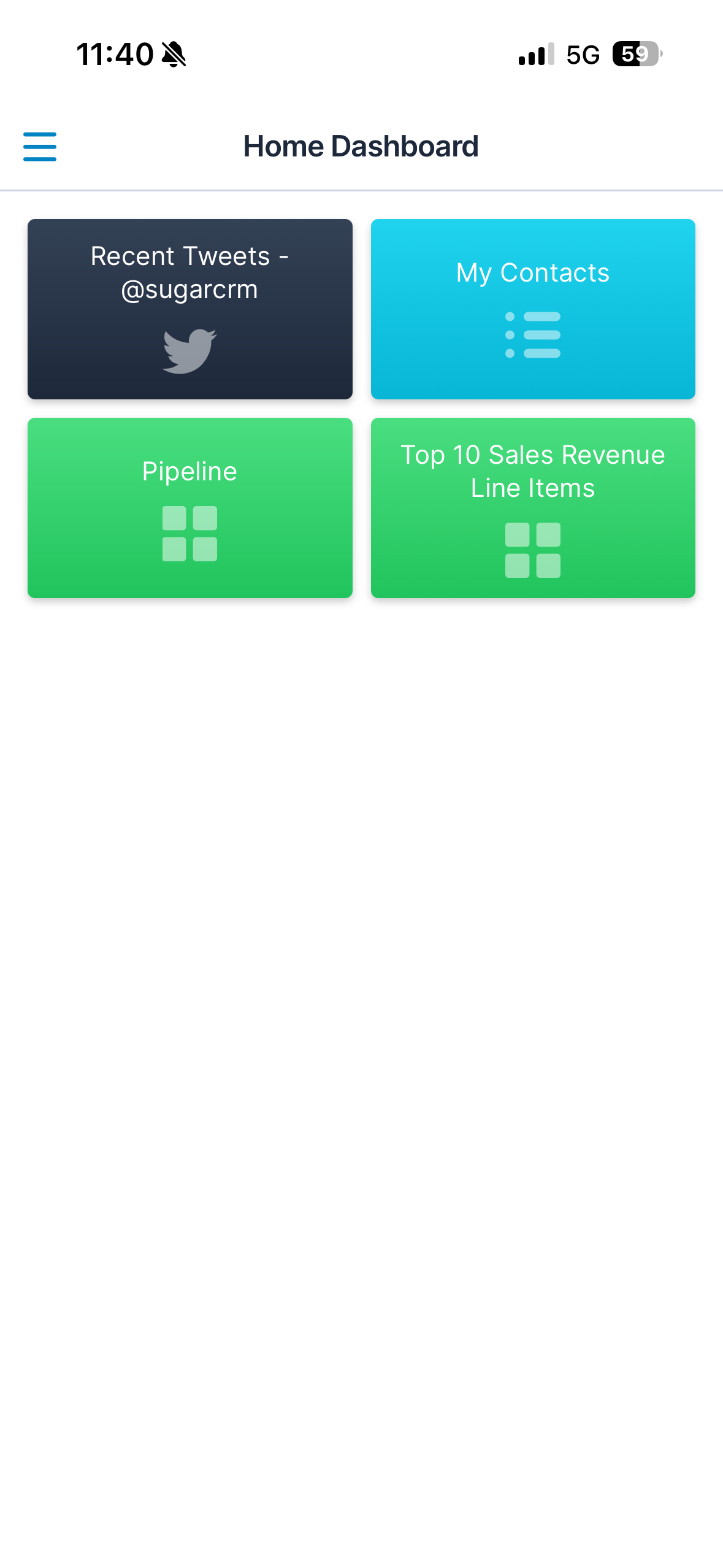 Current Sugar mobile Home Dashboard with generic dashboard tiles.