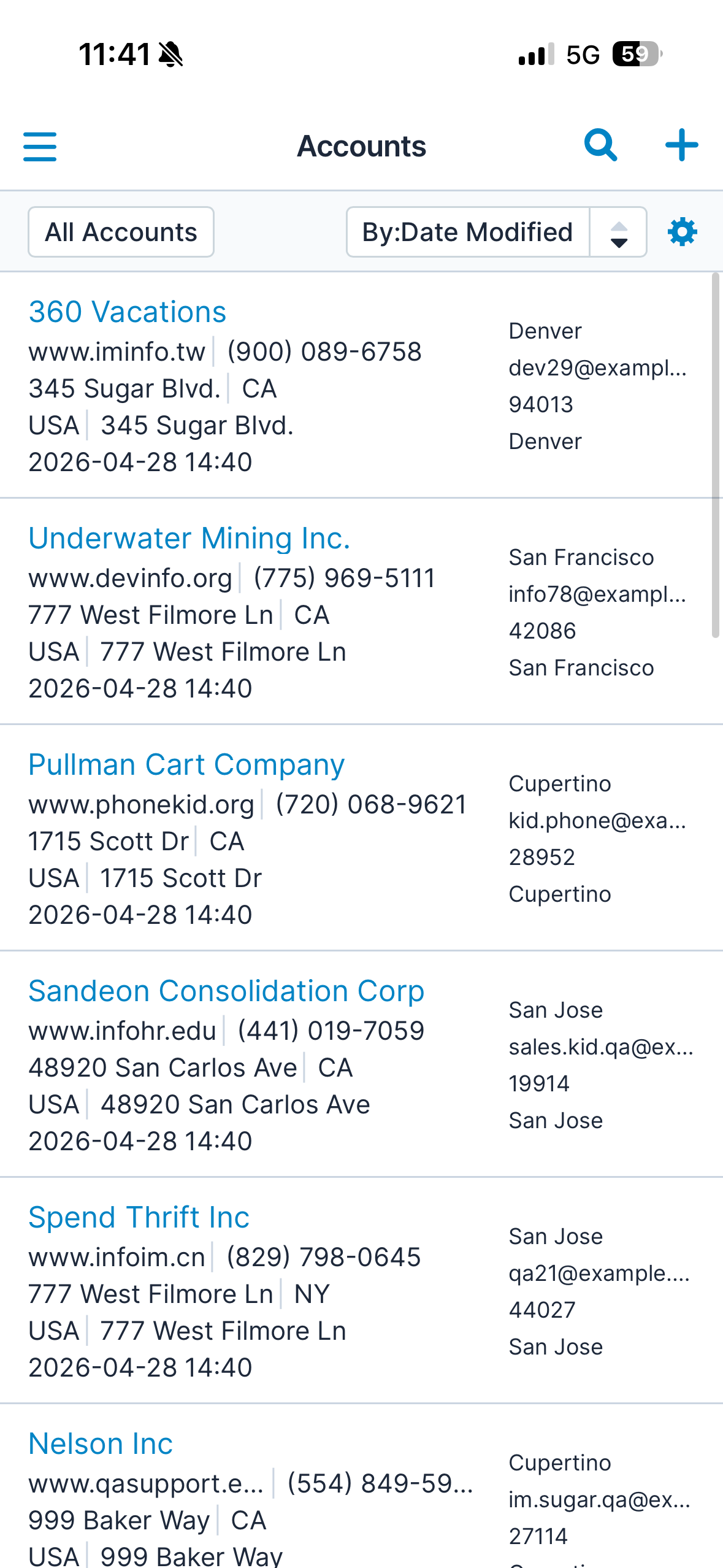 Current Sugar mobile Accounts list view with dense rows of account data.