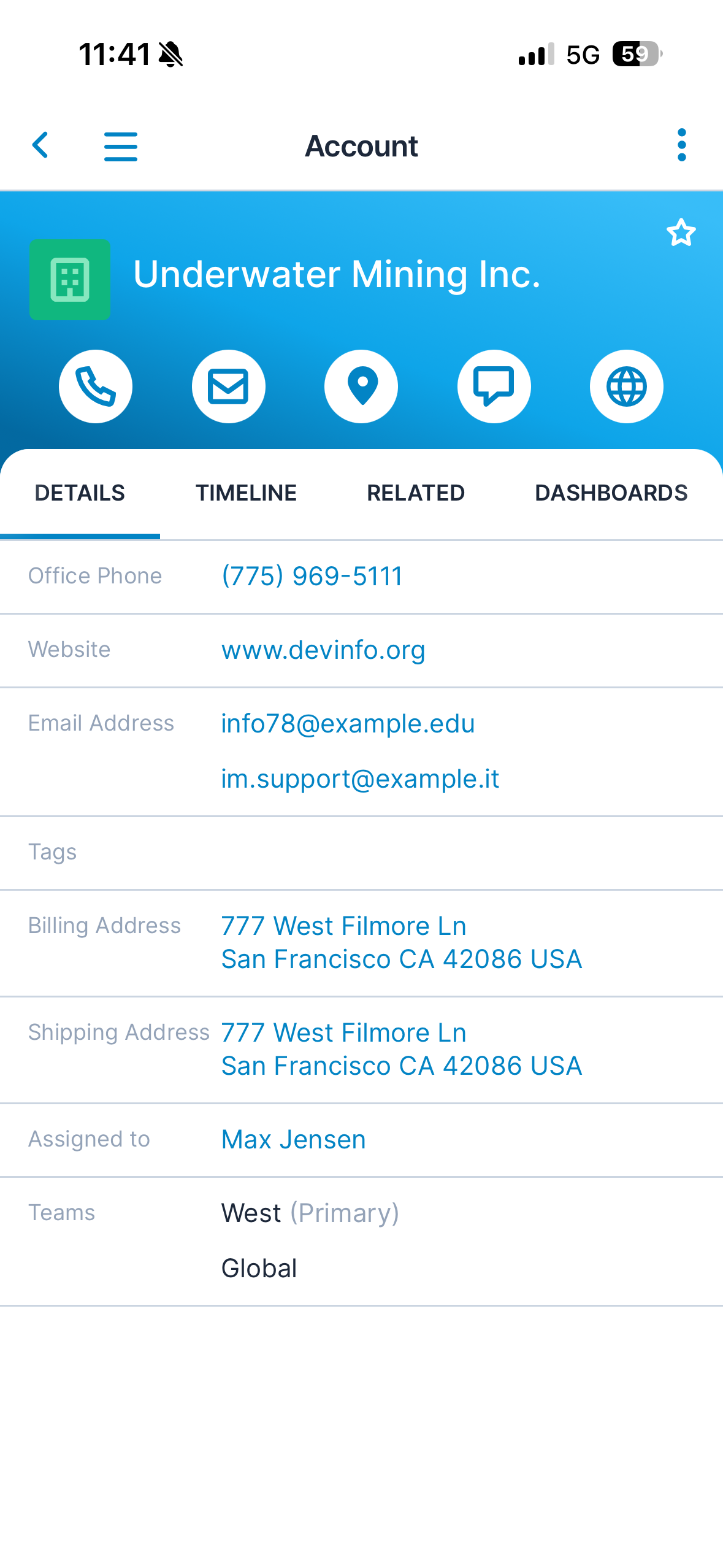 Current Sugar mobile Account record with action icons, tabs, and field rows.