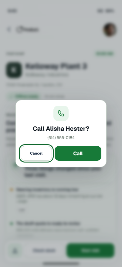 Visit Brief call confirmation modal for Alisha Hester.