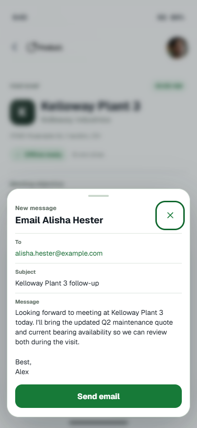 Visit Brief email composer drawer with a prefilled message.