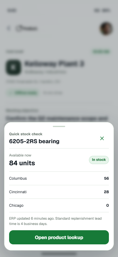 Visit Brief stock drawer showing bearing inventory.